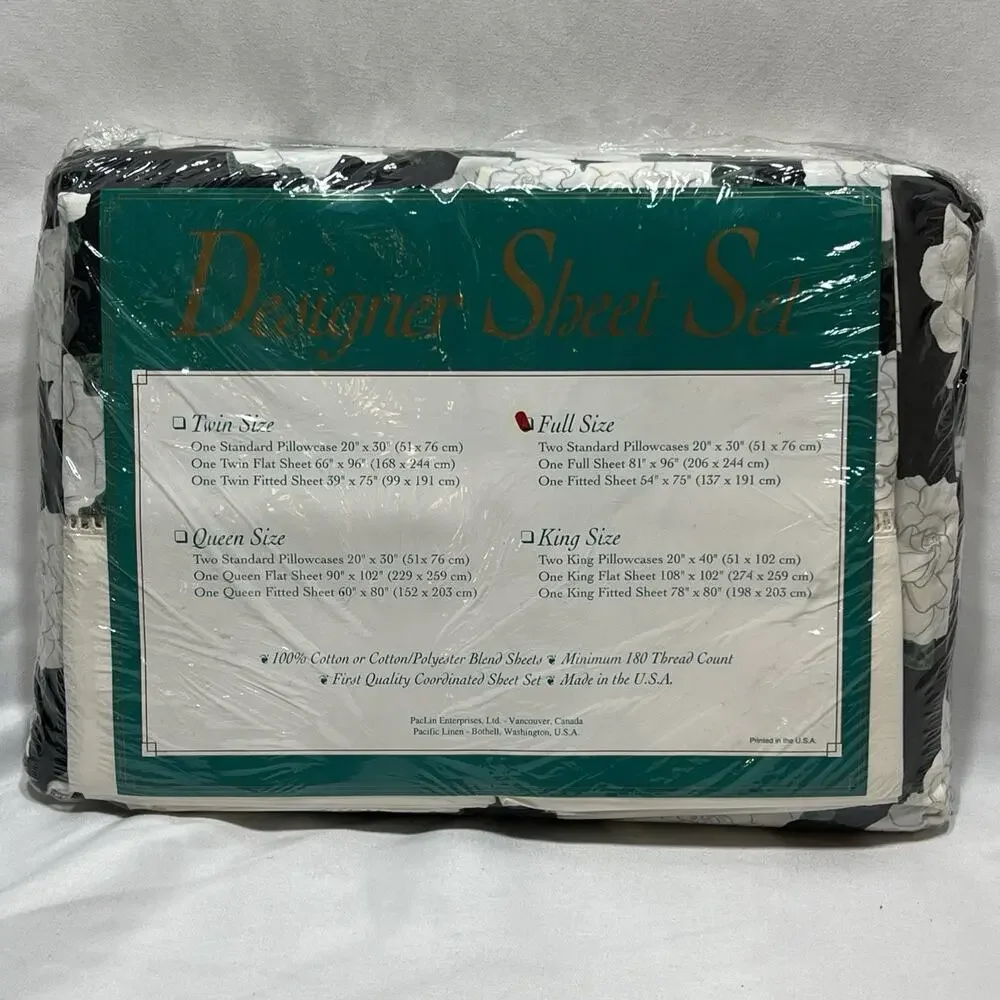 Vintage Designer Sheet Set Full Size Black Ivory Floral Flat Fitted Pillowcases